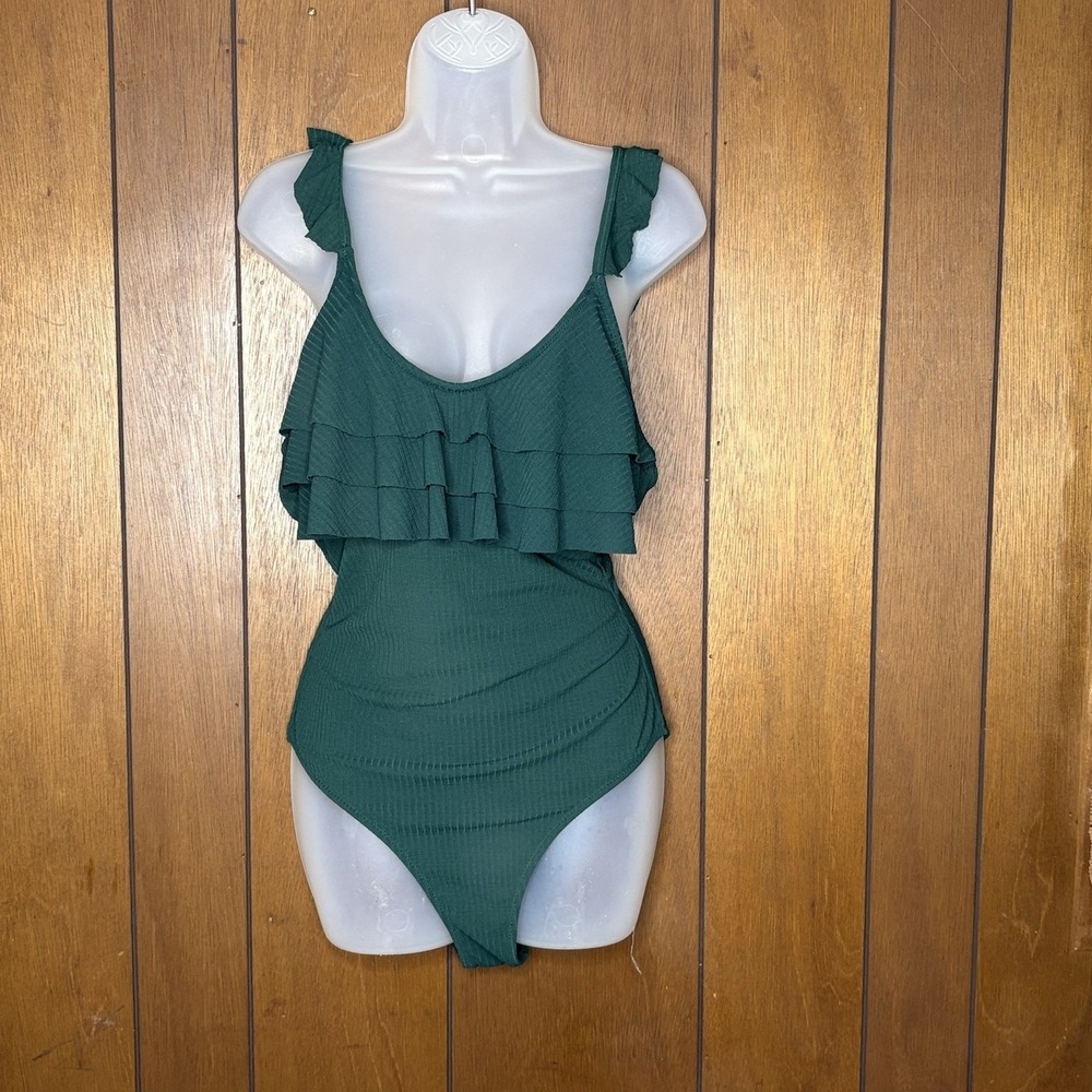Cupshe One Piece Swimsuit Womens L Green Ruffle Textured Scoop Back Resort Beach